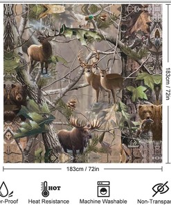 Tree Camo Deer Bear Shower Curtain - Waterproof Bathroom Decor with Hunting and Camouflage Theme