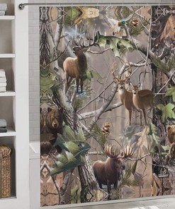 Tree Camo Deer Bear Shower Curtain - Waterproof Bathroom Decor with Hunting and Camouflage Theme