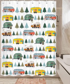 Tree Caravan Small Shower Curtain - Waterproof Bathroom Decor for RV Camper with Trees and Travel Theme