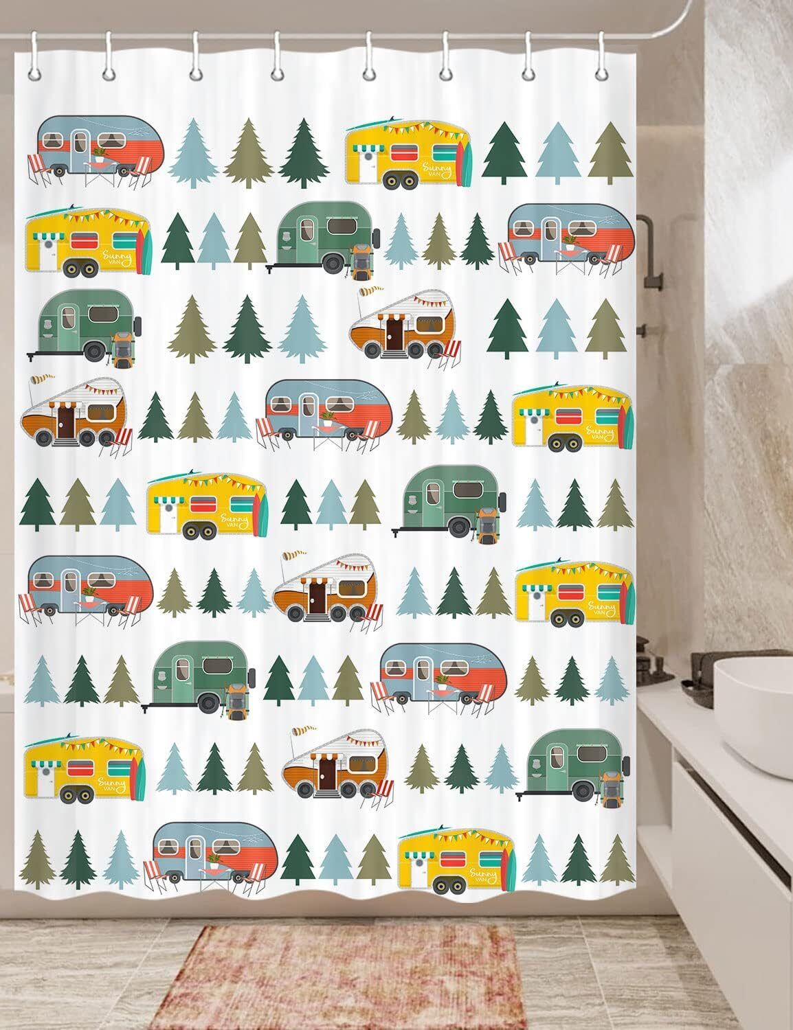 Tree Caravan Small Shower Curtain - Waterproof Bathroom Decor for RV Camper with Trees and Travel Theme