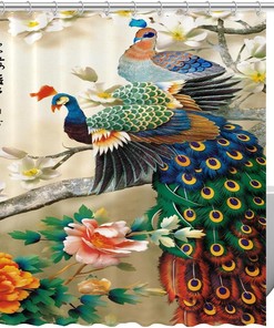 Tree Flower Peacock Painting Fabric Shower Curtain for Bathroom Decor