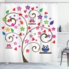 Tree Flowers Owls Swinging Curvy Lines Shower Curtain - Waterproof Bathroom Decor with Nature and Owl Theme