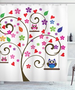 Tree Flowers Owls Swinging Curvy Lines Shower Curtain - Waterproof Bathroom Decor with Nature and Owl Theme