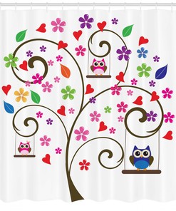 Tree Flowers Owls Swinging Curvy Lines Shower Curtain - Waterproof Bathroom Decor with Nature and Owl Theme