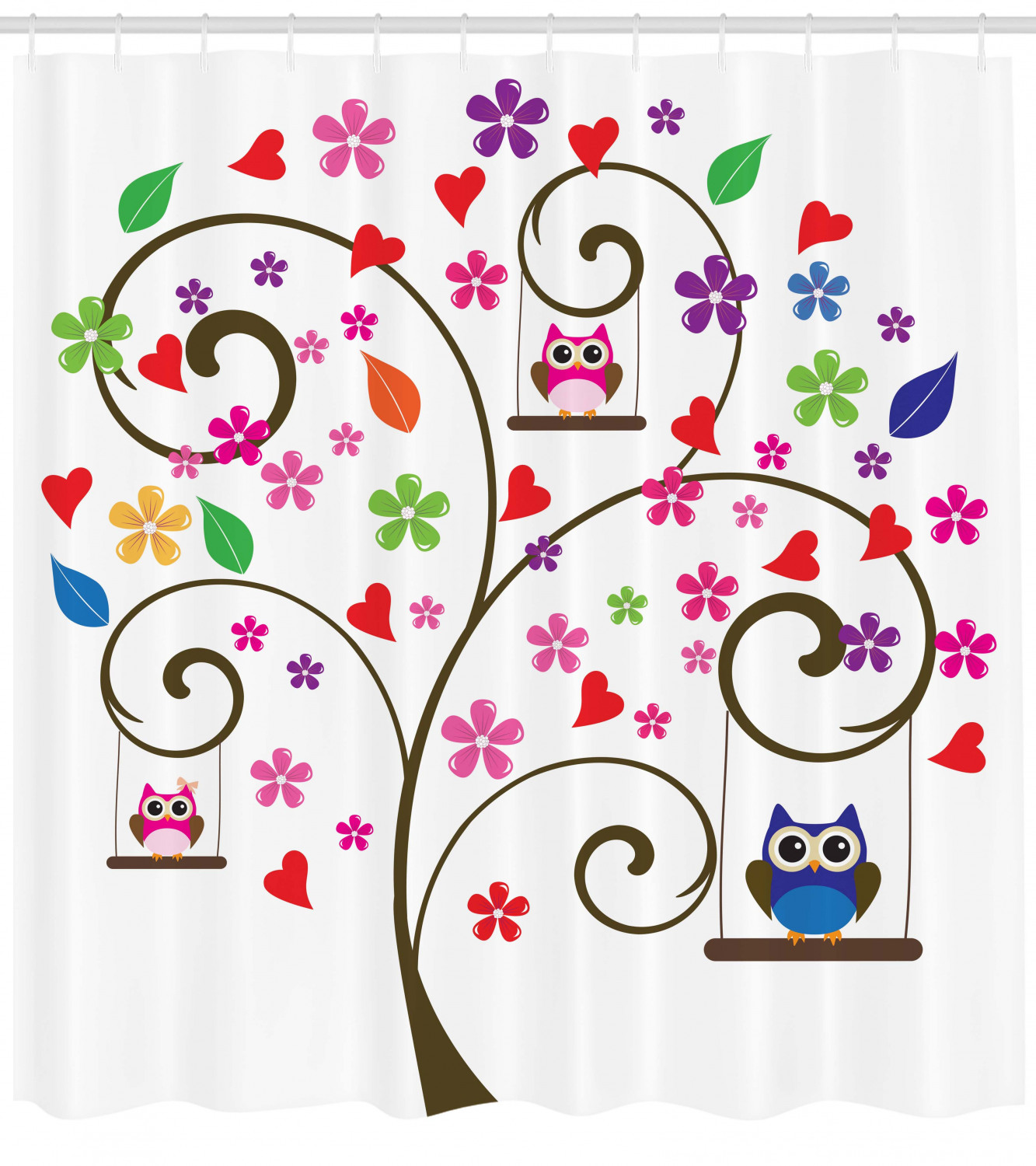 Tree Flowers Owls Swinging Curvy Lines Shower Curtain - Waterproof Bathroom Decor with Nature and Owl Theme