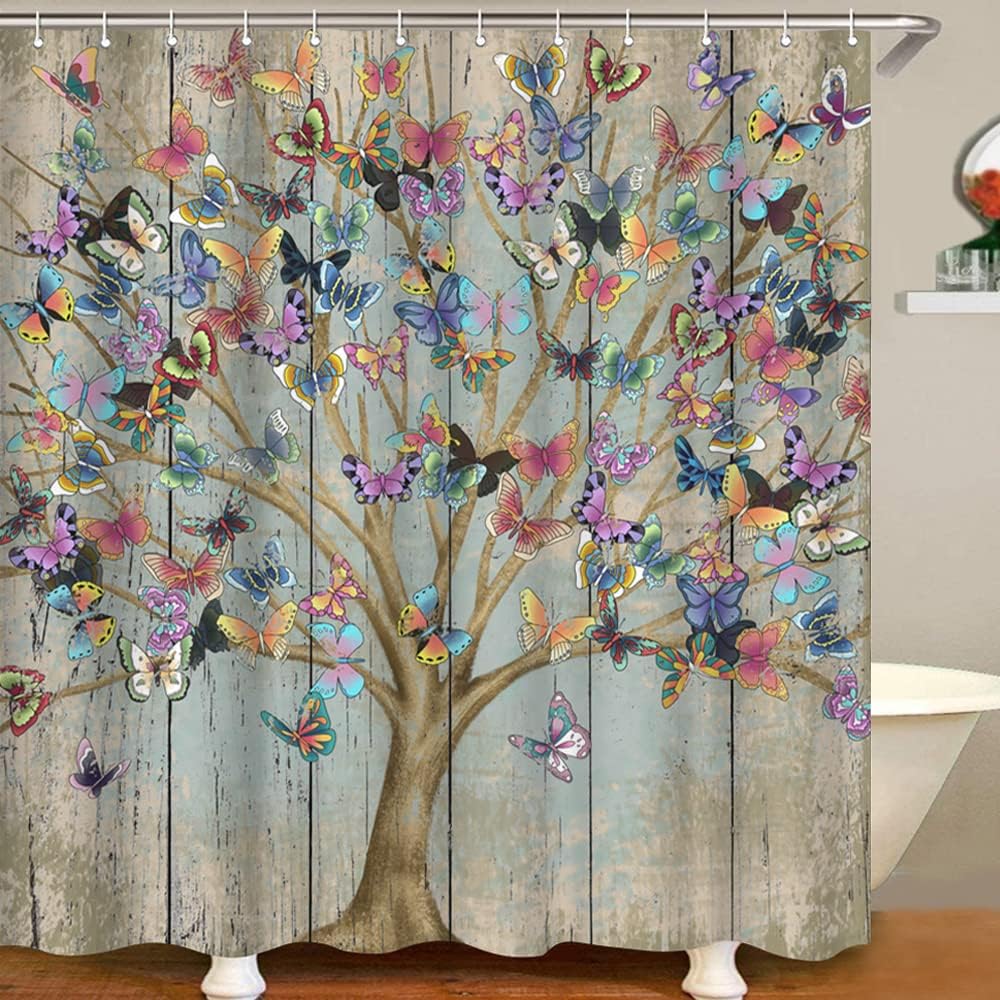 Tree Of Life Butterfly Shower Curtain - Grunge Style Bathroom Decor