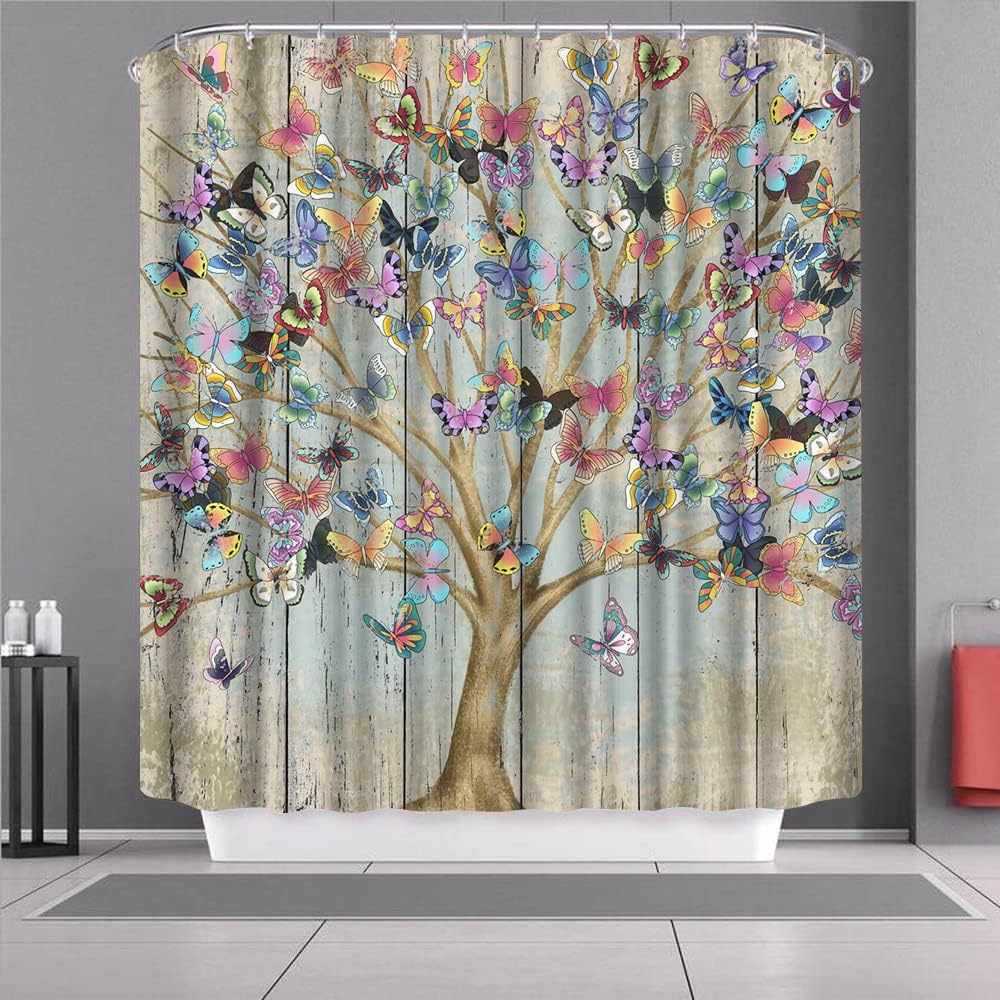 Tree Of Life Butterfly Shower Curtain - Grunge Style Bathroom Decor - Image 2