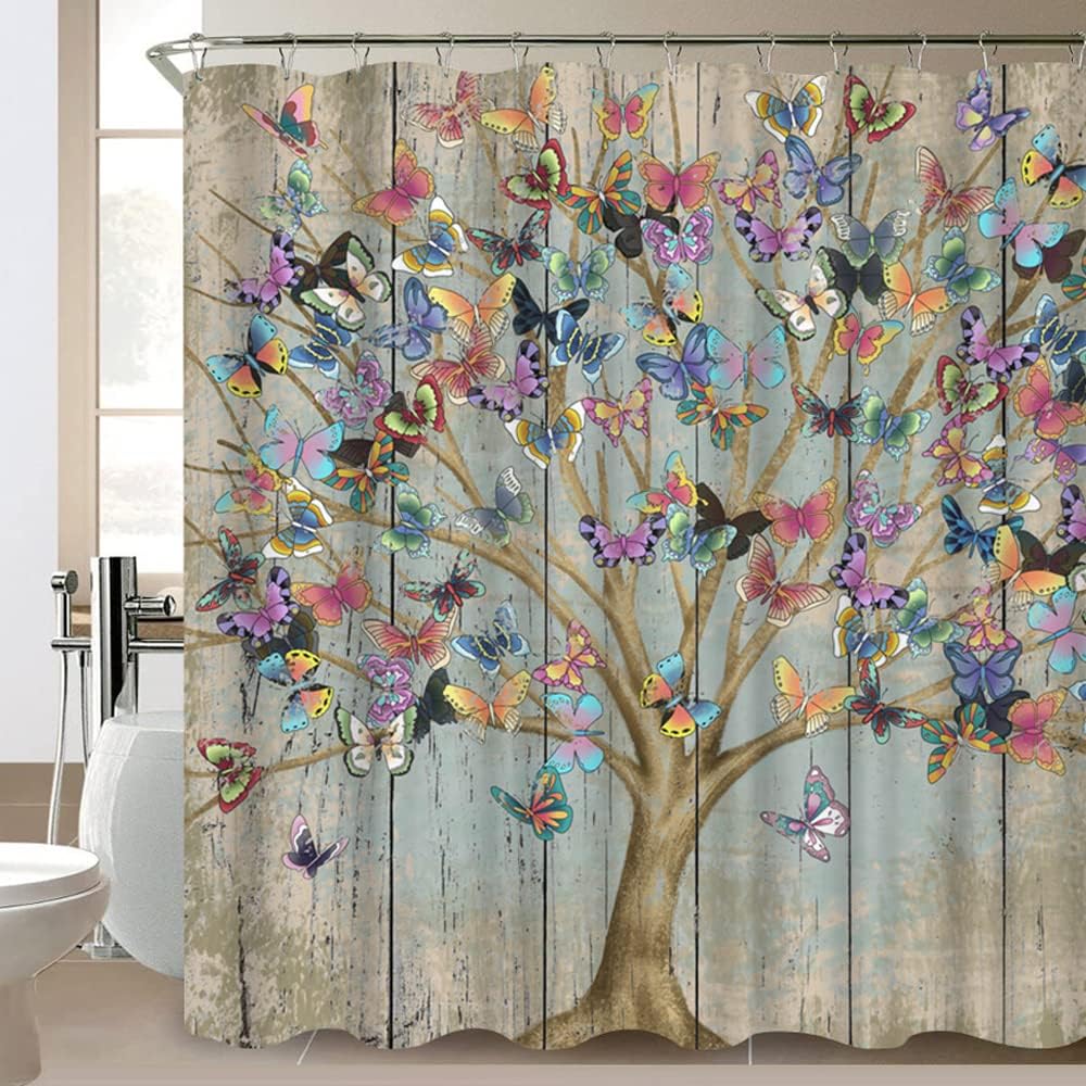 Tree Of Life Butterfly Shower Curtain - Grunge Style Bathroom Decor - Image 3