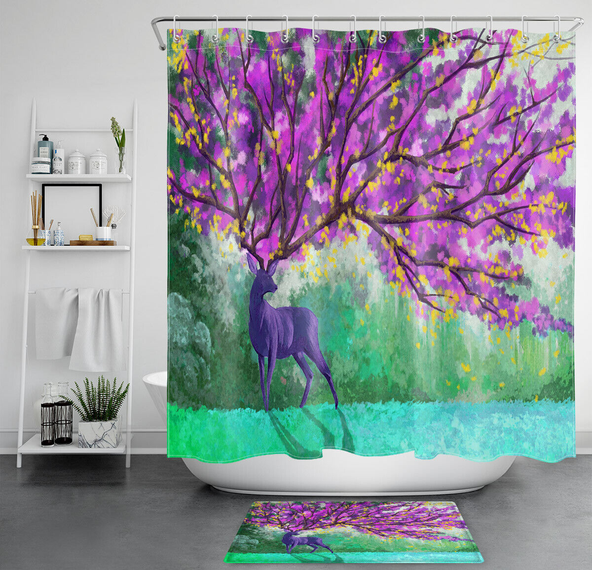 Tree Of Life Fairy Deer Blossoms Shower Curtain Waterproof Fabric