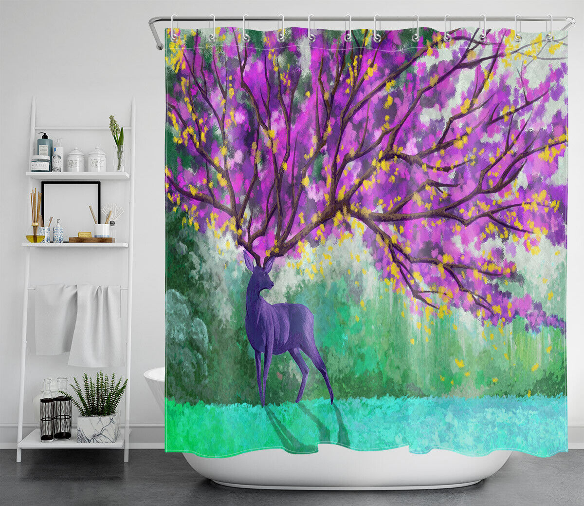 Tree Of Life Fairy Deer Blossoms Shower Curtain Waterproof Fabric