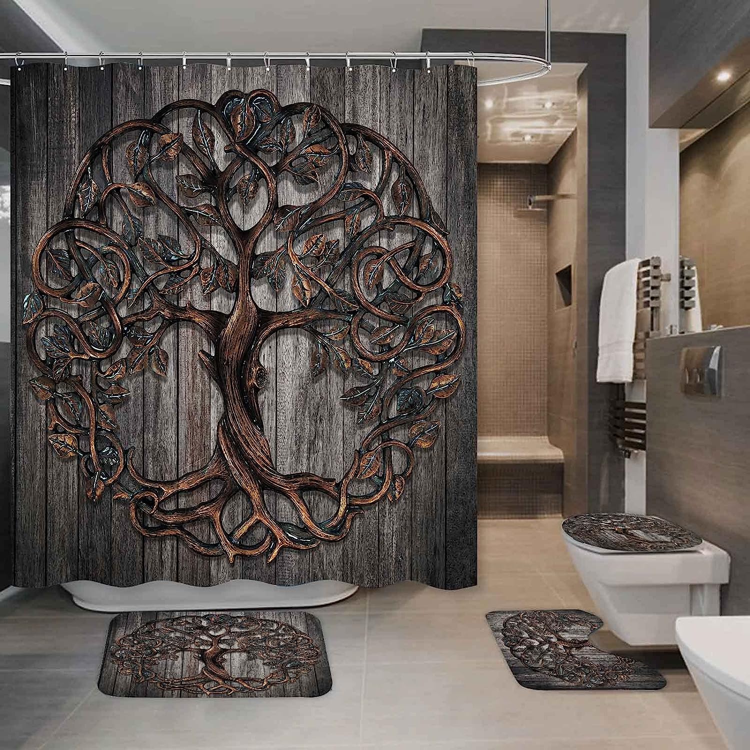 Tree Of Life Vintage Viking Nordic Rustic Tree Shower Curtain U Shaped Hooks - Image 2