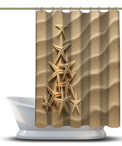 Tree Of Shells On Sand Art Shower Curtain, Waterproof Fabric For Beach Bathroom Decor