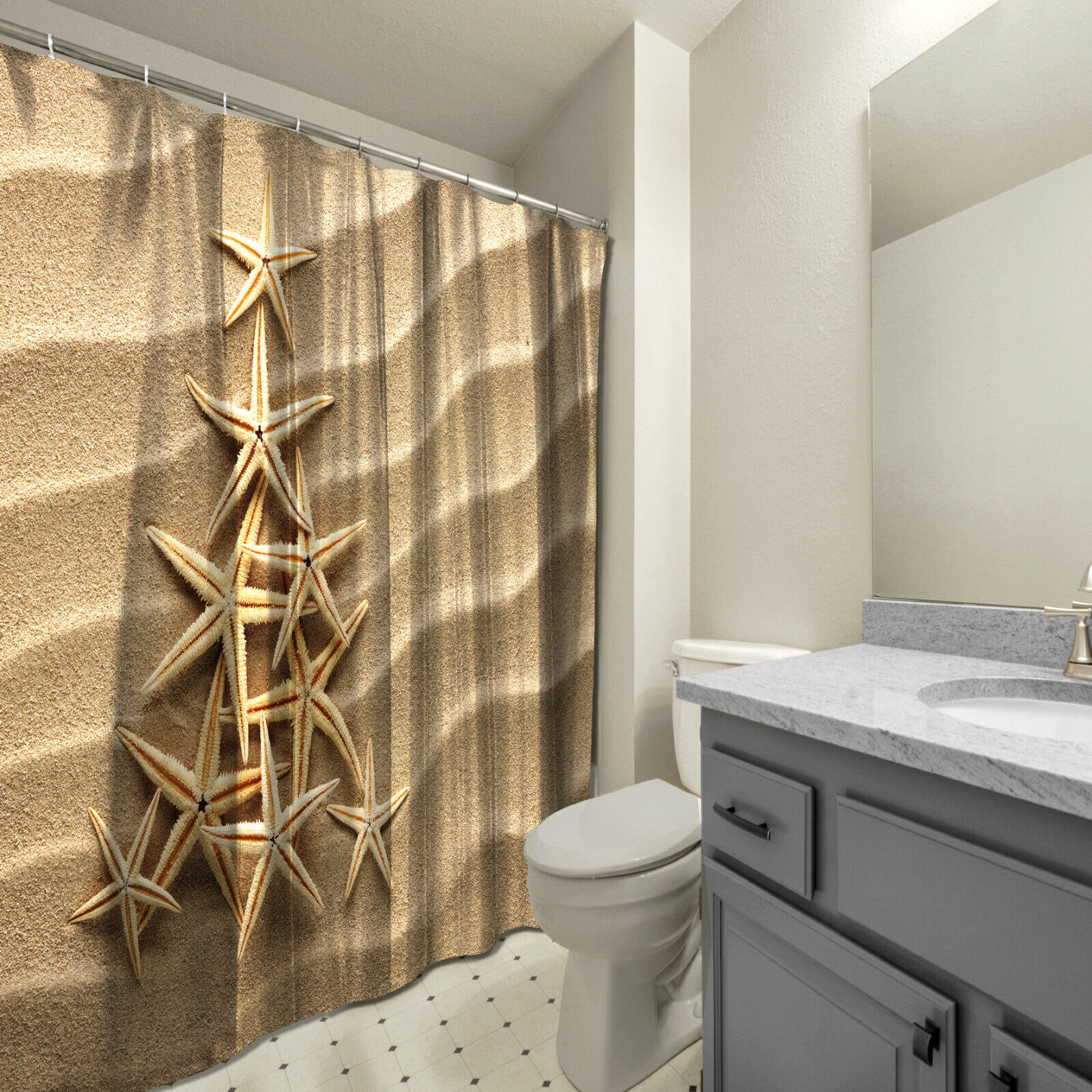 Tree Of Shells On Sand Art Shower Curtain, Waterproof Fabric For Beach Bathroom Decor - Image 3