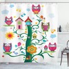Tree Owls with Bird House and Mosaic Dots Artsy Print Shower Curtain - Whimsical Bathroom Decor
