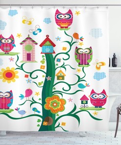 Tree Owls with Bird House and Mosaic Dots Artsy Print Shower Curtain - Whimsical Bathroom Decor