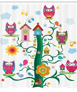 Tree Owls with Bird House and Mosaic Dots Artsy Print Shower Curtain - Whimsical Bathroom Decor