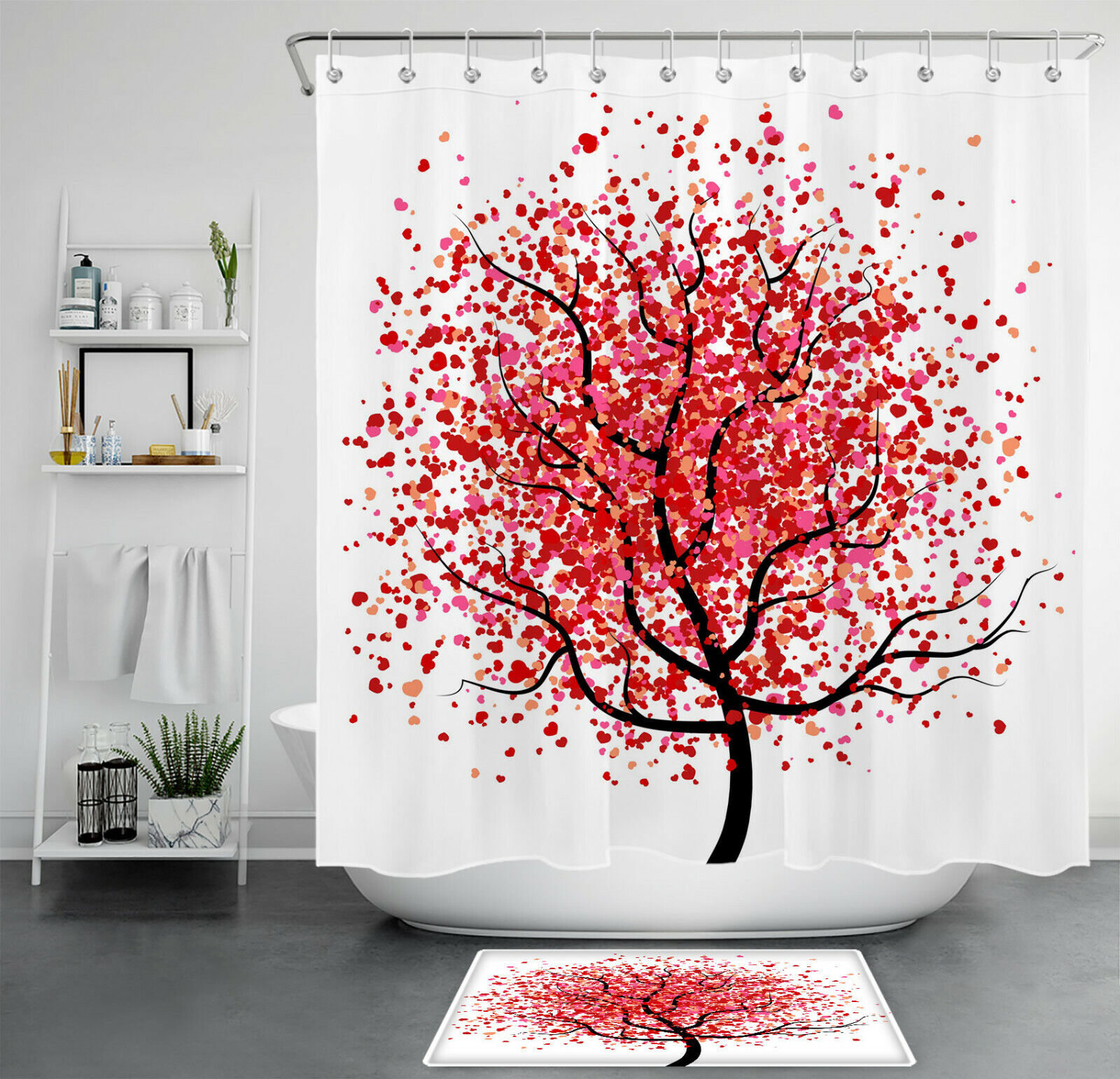 Tree of Life Vintage Bathroom Shower Curtain with Valentine's Day Love Hearts