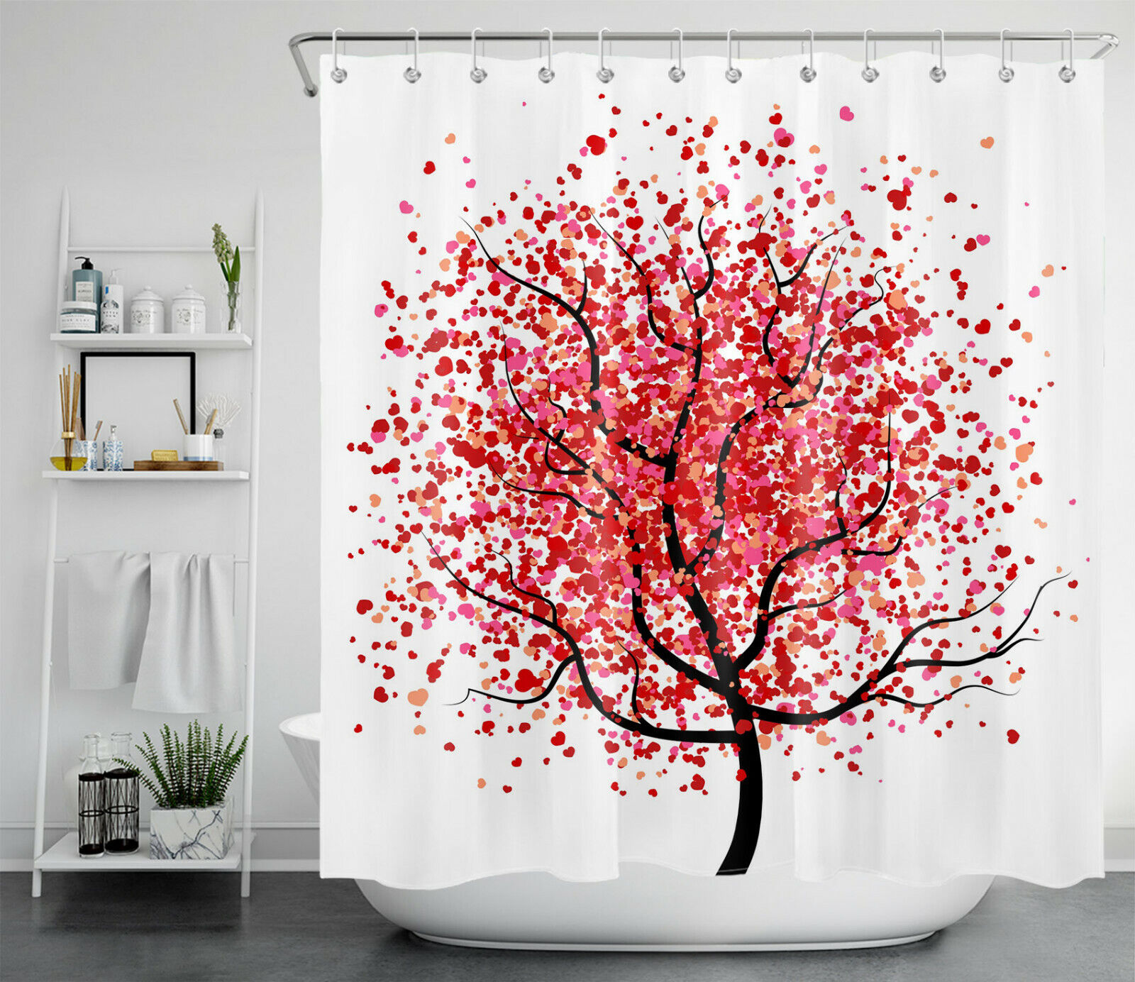 Tree of Life Vintage Bathroom Shower Curtain with Valentine's Day Love Hearts