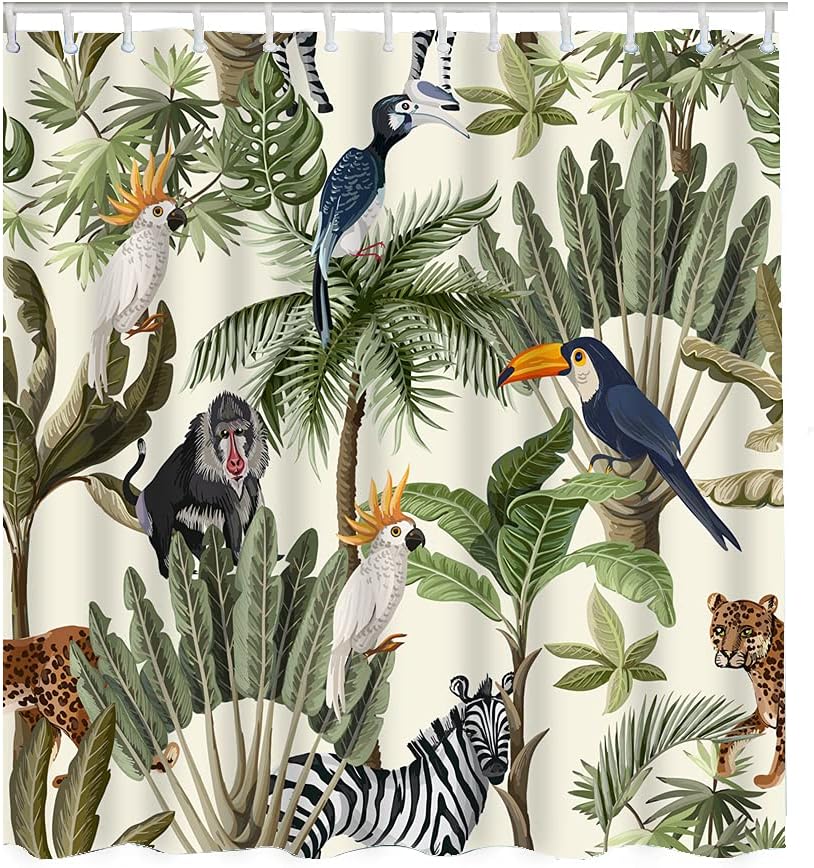 Trees Animals Print Shower CurtainSafari Jungle Bathroom Decor for Women & Kids