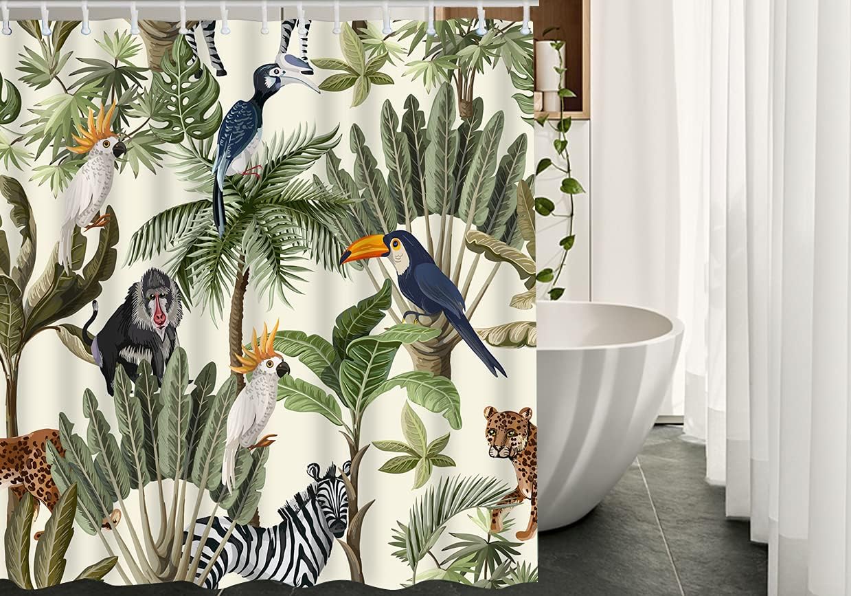 Trees Animals Print Shower CurtainSafari Jungle Bathroom Decor for Women & Kids