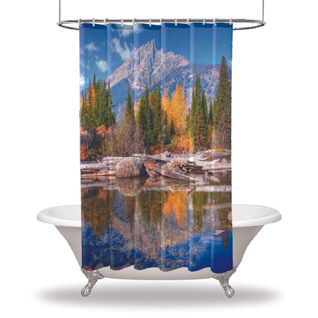 Trees and Mountain Landscape Printed Waterproof Shower Curtain for Scenic Bathroom Decor