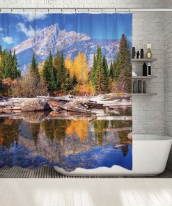 Trees and Mountain Landscape Printed Waterproof Shower Curtain for Scenic Bathroom Decor