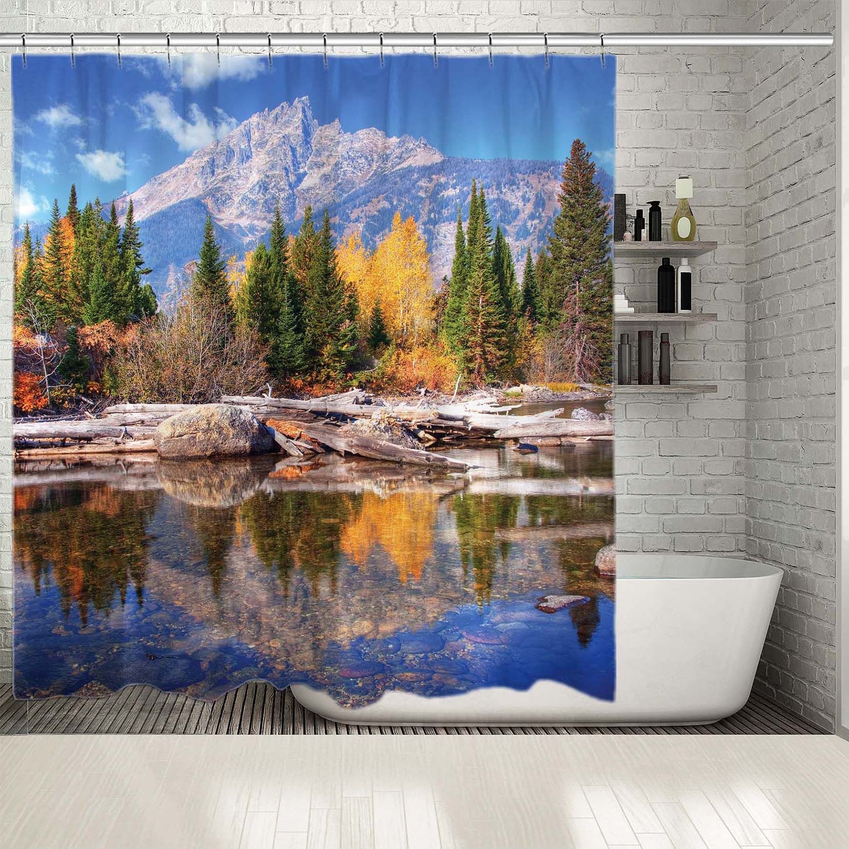 Trees and Mountain Landscape Printed Waterproof Shower Curtain for Scenic Bathroom Decor