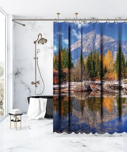 Trees and Mountain Landscape Printed Waterproof Shower Curtain for Scenic Bathroom Decor