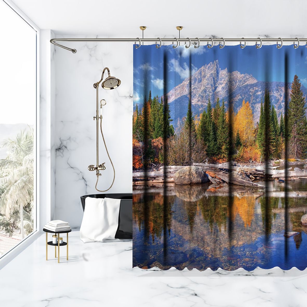 Trees and Mountain Landscape Printed Waterproof Shower Curtain for Scenic Bathroom Decor