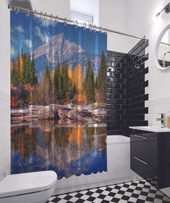 Trees and Mountain Landscape Printed Waterproof Shower Curtain for Scenic Bathroom Decor