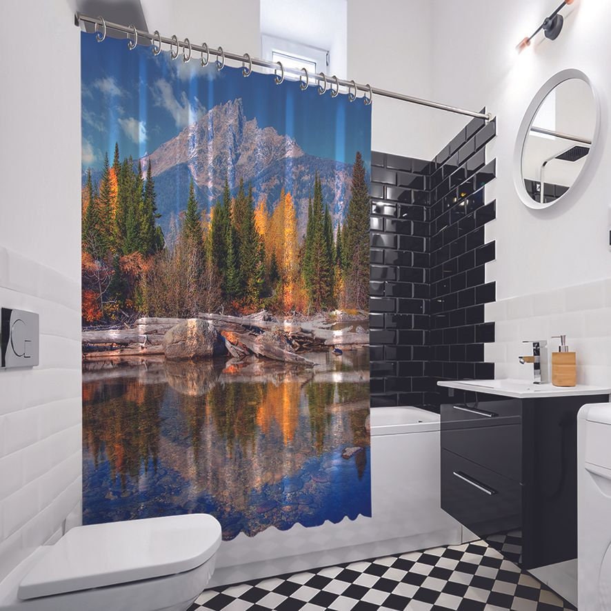 Trees and Mountain Landscape Printed Waterproof Shower Curtain for Scenic Bathroom Decor