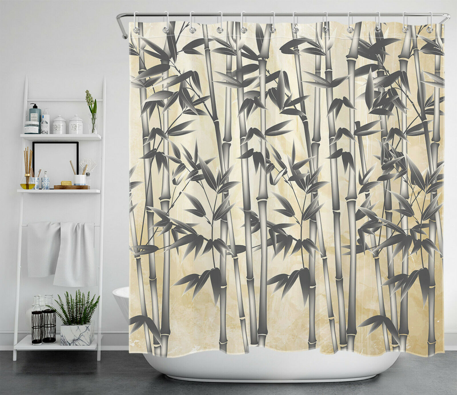 Trendy Black Gradient Gray Bamboo Retro Background Shower Curtain For Your Bathroom Decor - Image 2