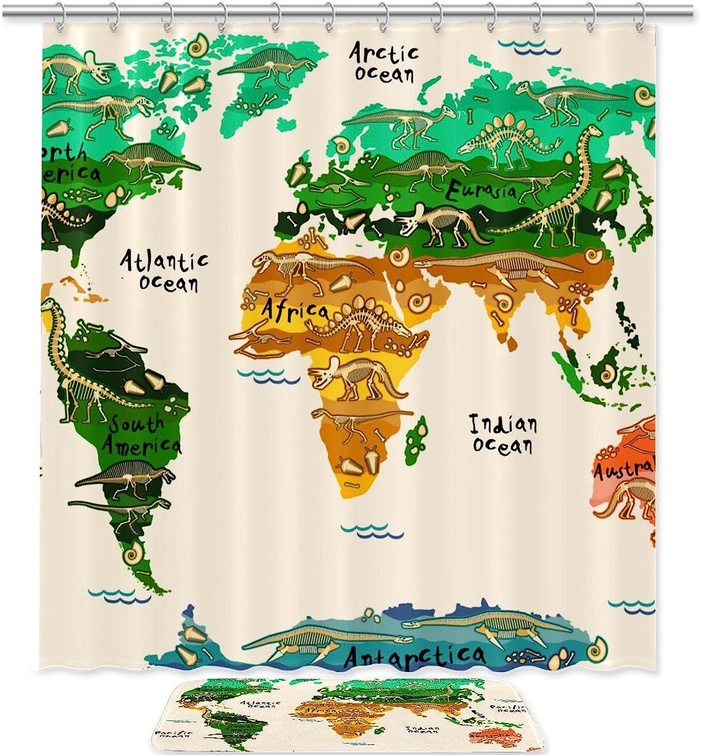 Trendy Dinosaur Map Pattern Shower Curtain For A Unique And Vintage Bathroom Decor