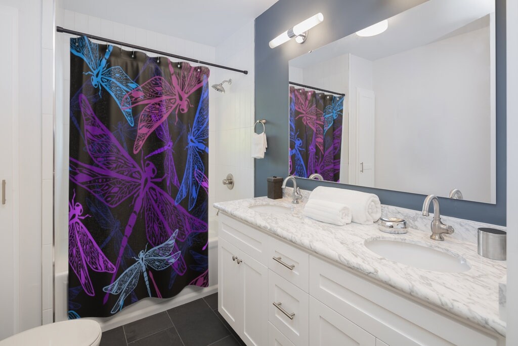 Trendy Flying Dragonflies Shower Curtain In Purple And Blue For Your Bathroom