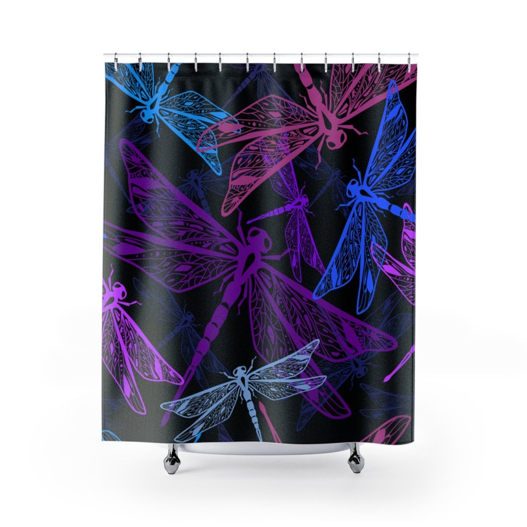 Trendy Flying Dragonflies Shower Curtain In Purple And Blue For Your Bathroom - Image 2