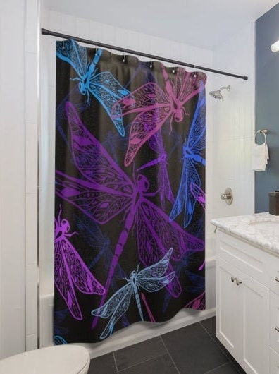 Trendy Flying Dragonflies Shower Curtain In Purple And Blue For Your Bathroom - Image 4