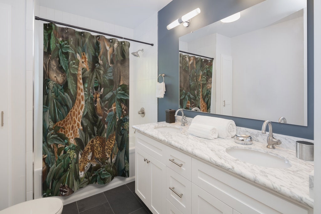 Trendy Jungle Giraffe Print Shower Curtain for Exotic Bathroom Decor