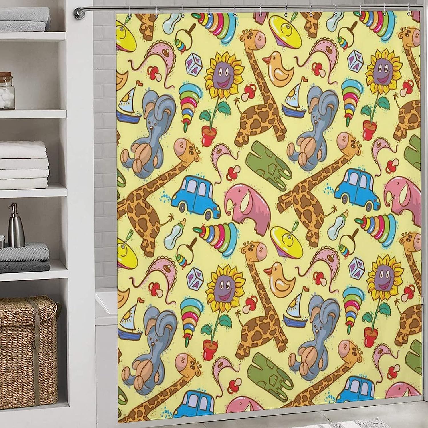 Trendy Modern Giraffe Elephant Toys Shower Curtain, Waterproof Fabric Bathroom Decorations