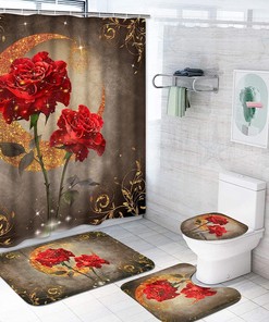 Trendy & Modern Red Rose Shower Curtain With Gold & Silver Moon Floral Print For Bathroom & Accessories