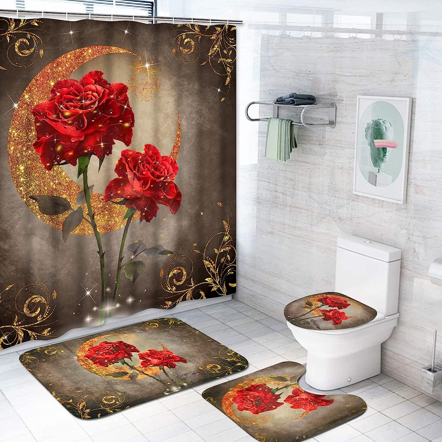 Trendy & Modern Red Rose Shower Curtain With Gold & Silver Moon Floral Print For Bathroom & Accessories