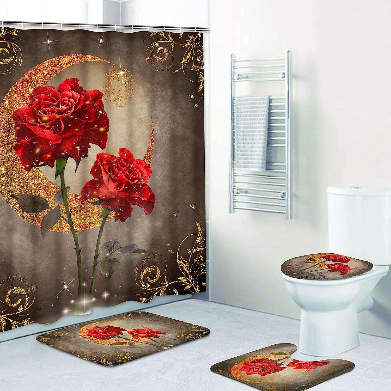 Trendy & Modern Red Rose Shower Curtain With Gold & Silver Moon Floral Print For Bathroom & Accessories - Image 2