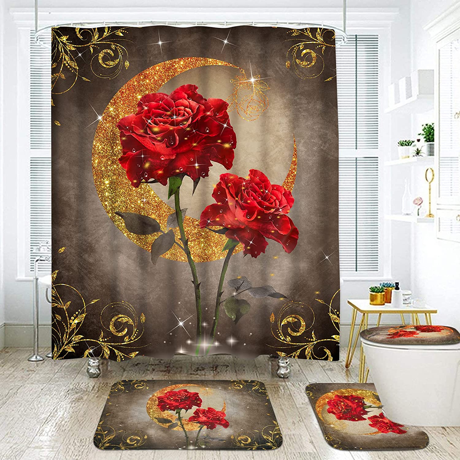 Trendy & Modern Red Rose Shower Curtain With Gold & Silver Moon Floral Print For Bathroom & Accessories - Image 3