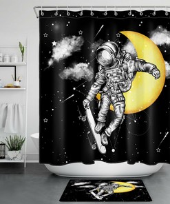Trendy Modern Shower Curtain For Bathroom Decor With Skateboard Astronaut And Starry Sky Moon Print 