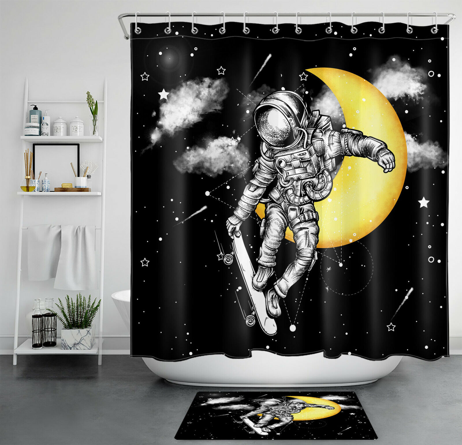 Trendy Modern Shower Curtain For Bathroom Decor With Skateboard Astronaut And Starry Sky Moon Print