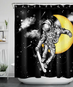 Trendy Modern Shower Curtain For Bathroom Decor With Skateboard Astronaut And Starry Sky Moon Print