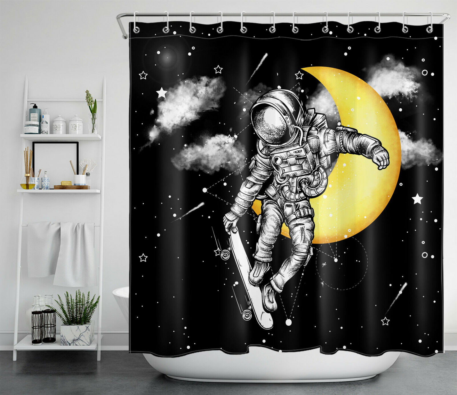 Trendy Modern Shower Curtain For Bathroom Decor With Skateboard Astronaut And Starry Sky Moon Print