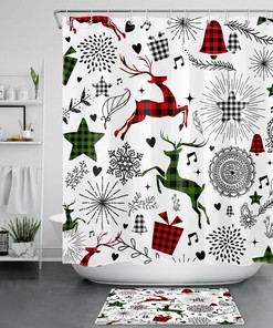 Trendy Red Check Plaid Star Elk Merry Christmas Shower Curtain for Bathroom Decor