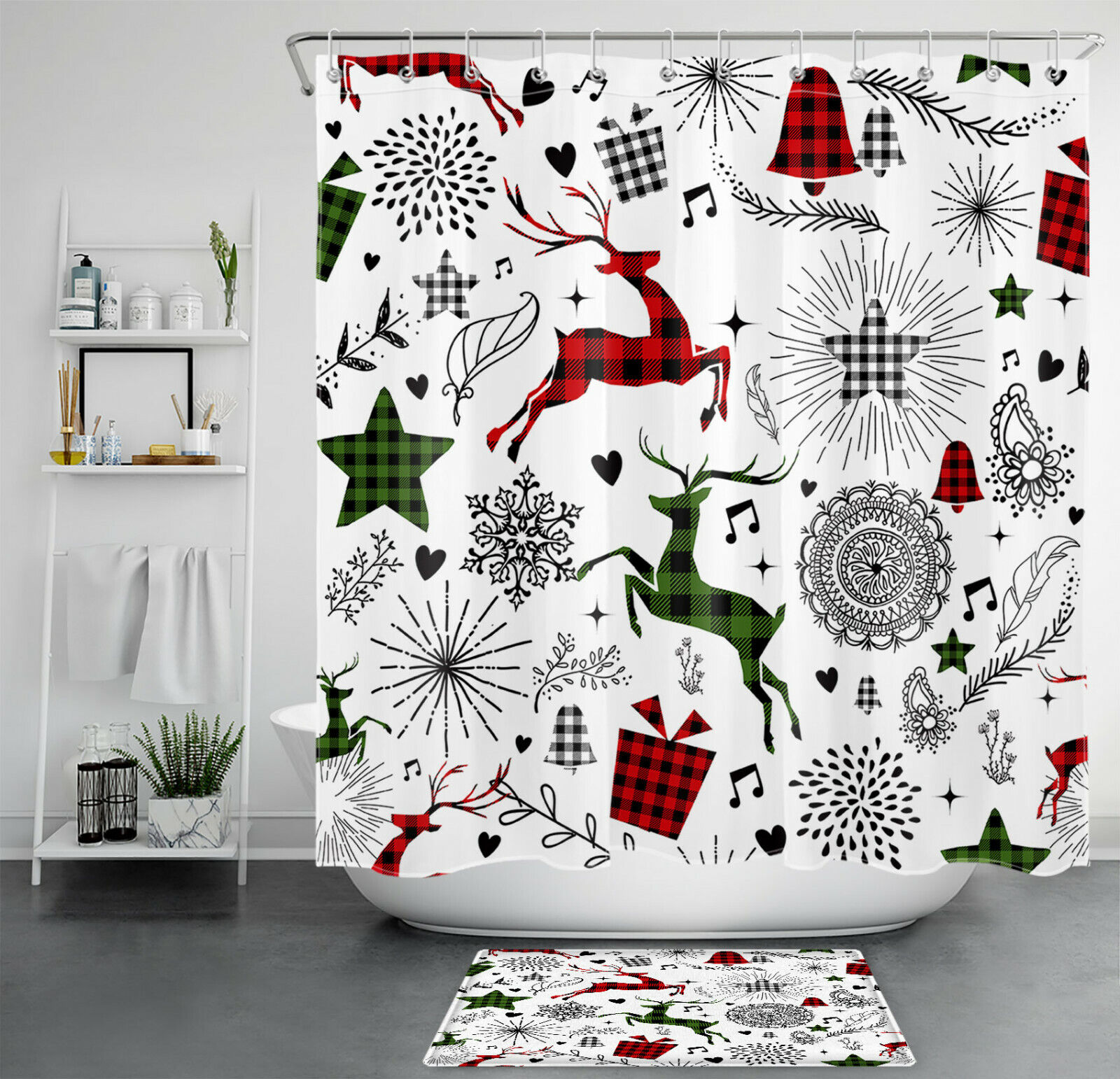 Trendy Red Check Plaid Star Elk Merry Christmas Shower Curtain for Bathroom Decor