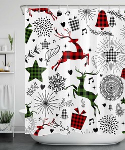 Trendy Red Check Plaid Star Elk Merry Christmas Shower Curtain for Bathroom Decor
