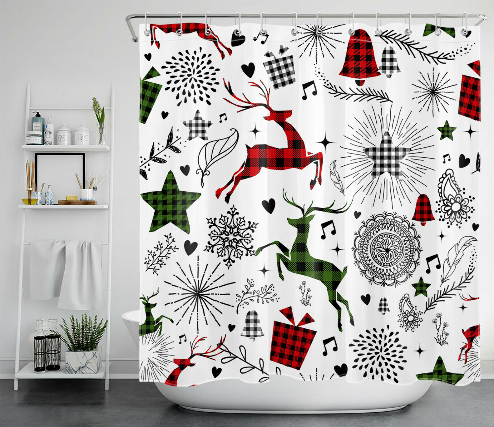 Trendy Red Check Plaid Star Elk Merry Christmas Shower Curtain for Bathroom Decor